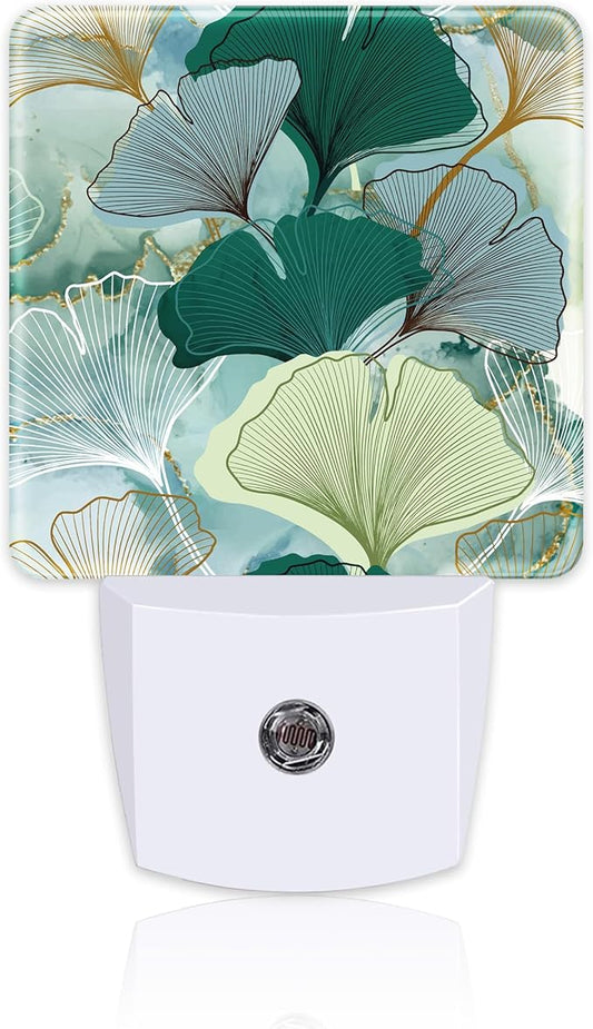 Green Gold Ginkgo Leaves Night Light for Kids,Abstract Botanical Leaves Night Light Plug in with Dusk to Dawn Sensor,0.5w Energy Saving Nightlight for Hallway Stairway Kitchen Bedroom