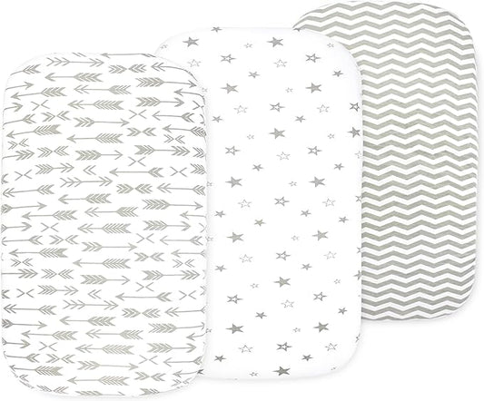 3 Pack Organic Bedside Bassinet Sheets Compatible with Mika Micky, Baby Delight, Dream On Me, AMKE and Other Bassinet Mattress Pads Size Between 17-21 in Width, 29-33 in Length, and 1.5-4 in Thick