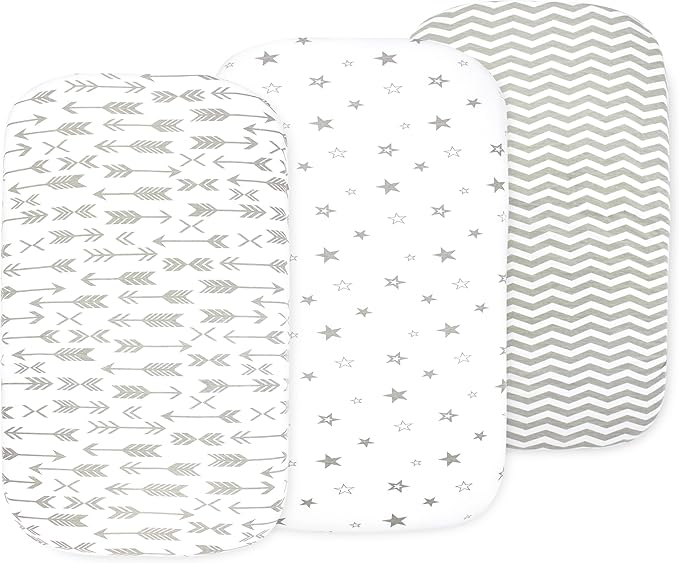 Bassinet Sheets for Baby Girl & Boy – 3-Pack Soft Fitted Bassinet Sheets, Organic Cotton, Breathable & Cozy, Fits 32x16x4 Inch Rectangle, Oval & Hourglass Mattresses (Grey/White)