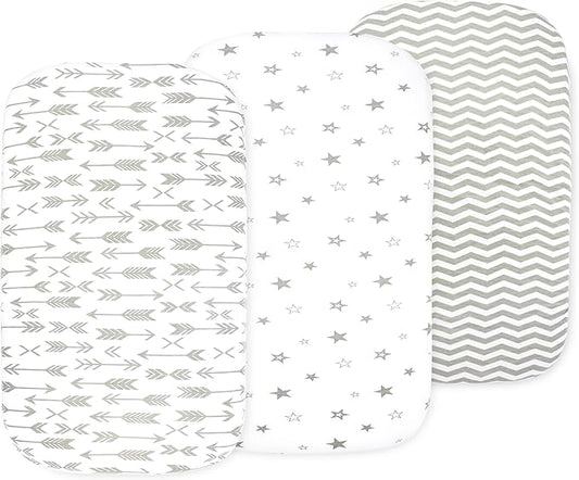 Bassinet Sheets for Baby Girl & Boy – 3-Pack Soft Fitted Bassinet Sheets, Organic Cotton, Breathable & Cozy, Fits 32x16x4 Inch Rectangle, Oval & Hourglass Mattresses (Grey/White)