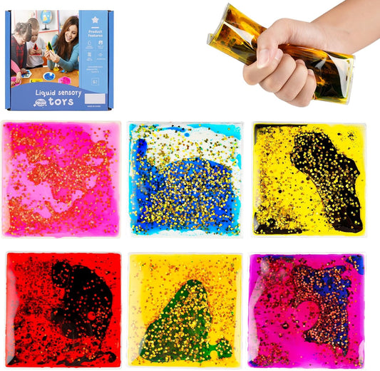 Sensory Soft Gel Liquid Toys: Water Sensory Fidget Toys Square Sensory Toys for Autistic Children 6-Pack