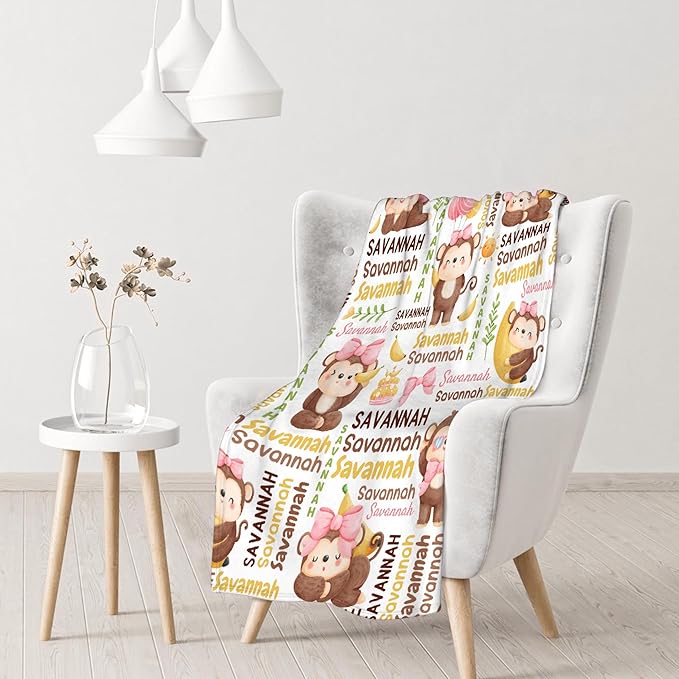 Personalized Baby Blanket for Girls Boys Kids Monkey Custom Baby Blanket with Name Throw Birthday Gift for Toddlers Infants Shower Newborns Nursery Stroller Crib Bed Decor