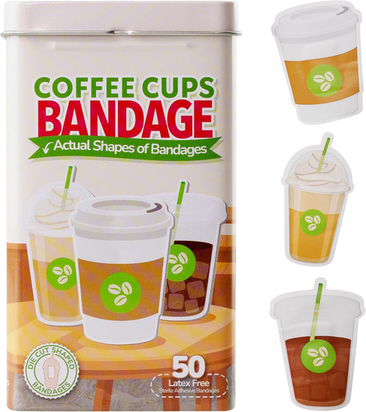 BioSwiss Bandages, Coffee Cup Shaped Self Adhesive Bandage, Latex Free Sterile Wound Care, Fun First Aid Kit Supplies for Kids, 50 Count