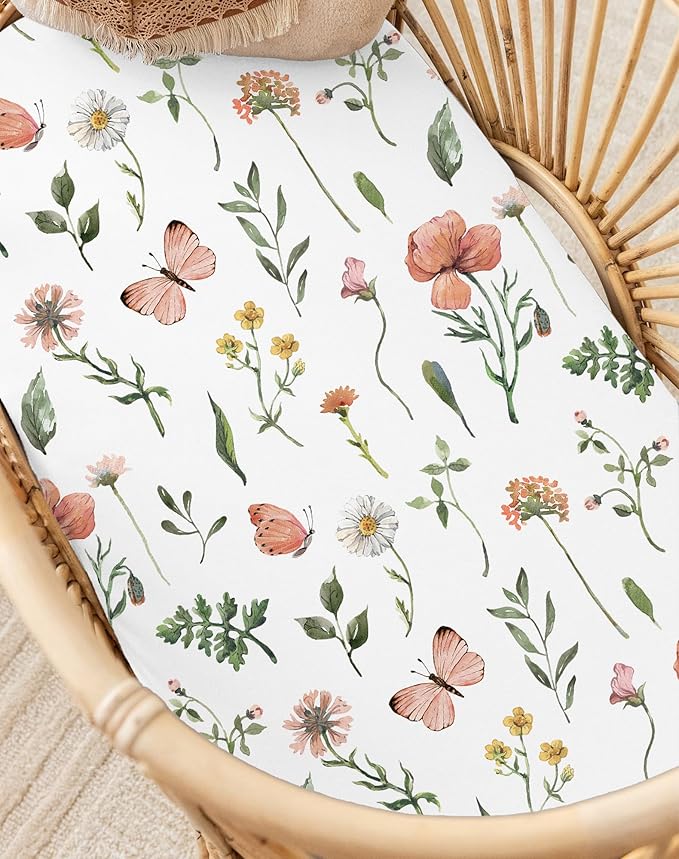 Bassinet Sheets for Baby Girls Boys 2 Pack, Fitted Baby Mattress Sheet for Rectangle, Oval, Hourglass Bassinet Mattress, Breathable Cozy & Universal Fit (Butterfly Garden)