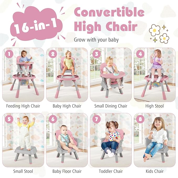 KOTEK 16 in 1 Convertible High Chair, Baby Highchair & Activity Center with Toys, Booster Seat, Building Block Table, Toddler Chair with 5-Point Harness, Removable Tray & Cushion (Pink)