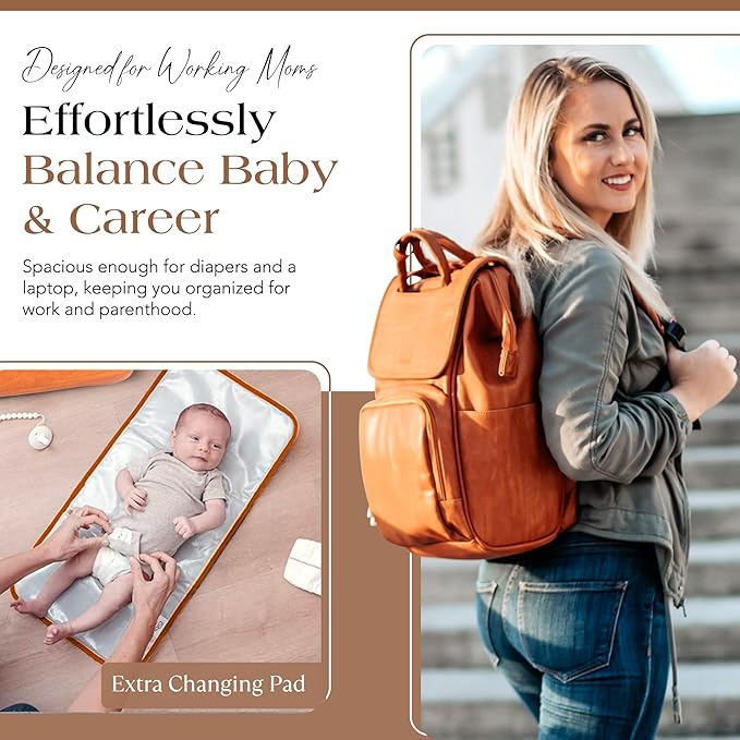 Citi Collective Explorer Brown Diaper Bag Backpack - Vegan Leather Diaper Bag with Shoulder Strap, Insulated Bottle Pockets, Changing Pad, Stroller Clip- Versatile Diaper Bag for Baby
