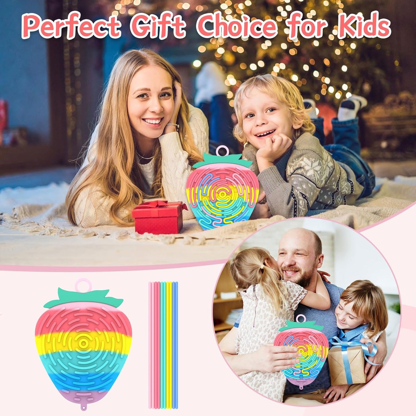 Silicone Sensory Activity Board,2 in 1 Busy Board for Fine Motor Skill, Montessori Fidget Toy for Calming, Stress, Anxiety, ADHD , Autism , Silent, No Mess , Kids 3+ & Adults (Colorful, Strawberry)