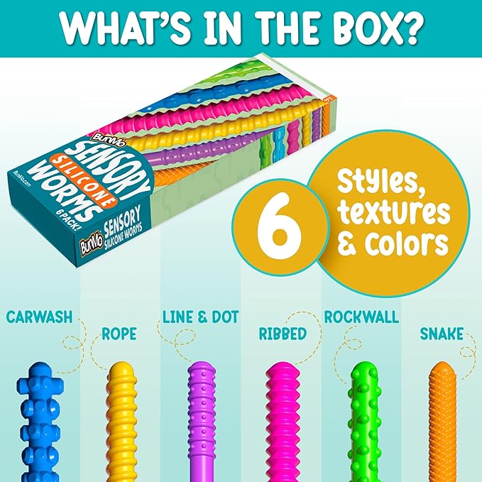 BunMo Silicone Stretchy Strings Sensory Toy – 6 Pack Fidget Worm Toy Set | Sensory Noodles for Kids | Bright, Textured, Fun Stretchy Noodles Fidget Toy for Tactile Play | Worm Toys for Fall Fun