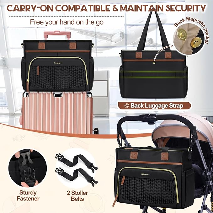 RAINSMORE Diaper Bag Tote, Large Diaper Baby Bag Waterproof Multifunctional Diaper Bag with Pacifier Case & Changing Pad