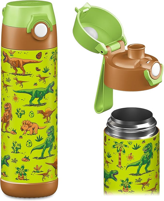 Jarlson® Mali Children's Water Bottle, Thermal Stainless Steel Water Bottle, BPA-Free, Leak-Proof, Children's Bottle with Chug Lid, Bottle for School, Nursery (Dinosaurs, 500 ml)