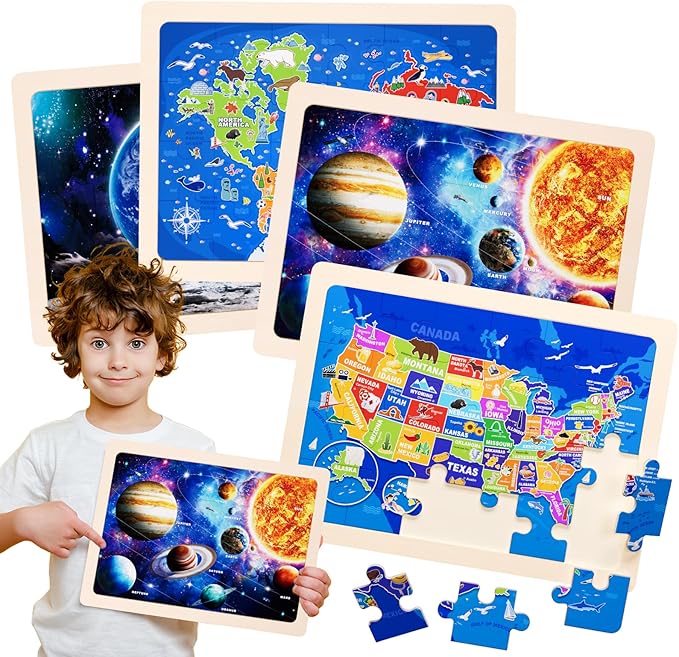 Jigsaw Puzzles Wooden Puzzles for Kids Ages 3-5 Preschool Educational Toddlers Toys United States Puzzle Space Universe World USA Map Earth Exploration Gifts for 3 4 5 6 Year Old Boys Girls 4 Packs