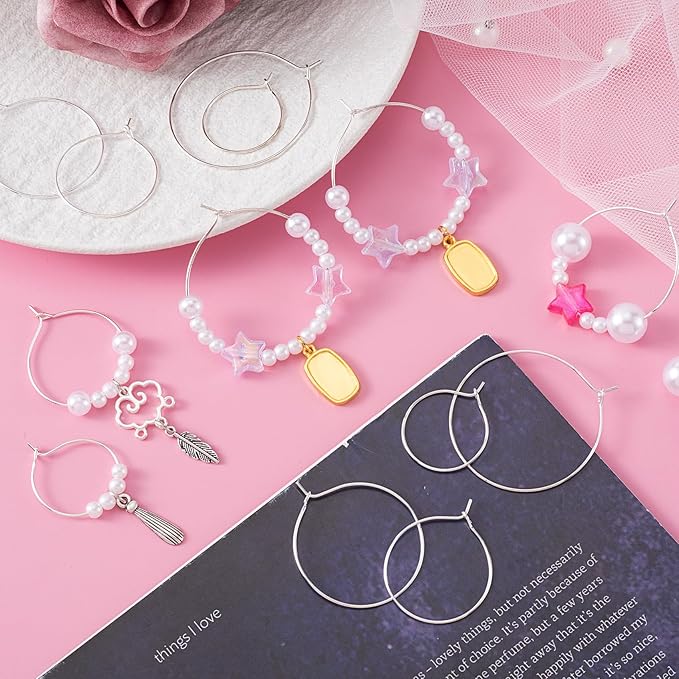 Pndeyo 120pcs Hypoallergenic Earring Beading Hoops, 20mm 25mm 30mm 35mm Round Hoop Earrings Findings, Open Earring Wire Ring Accessories for Jewelry Making- Silver