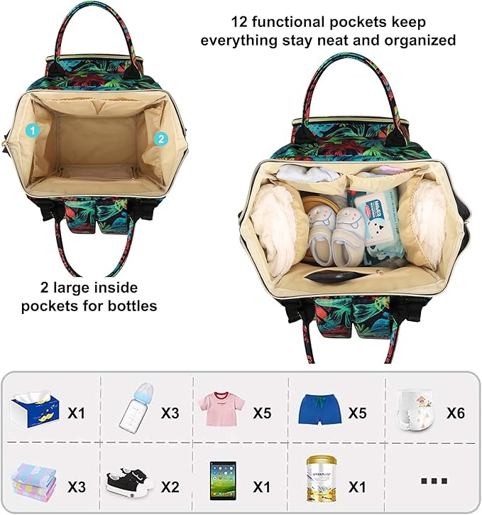 Diaper Bag Backpack Multi-Function Baby Bag With Large Capacity and Insulated Pockets Diaper Backpack Organizer Bag for Mom/Dad, Leaf