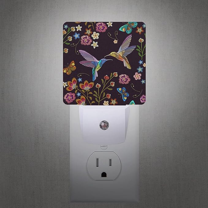Vintage Hummingbird Butterfly Flowers Night Light Plug-in LED Nightlights Auto Sensor Night Lamp Dusk-to-Dawn Lamp Home Decor for Nursery Children Girls Boys