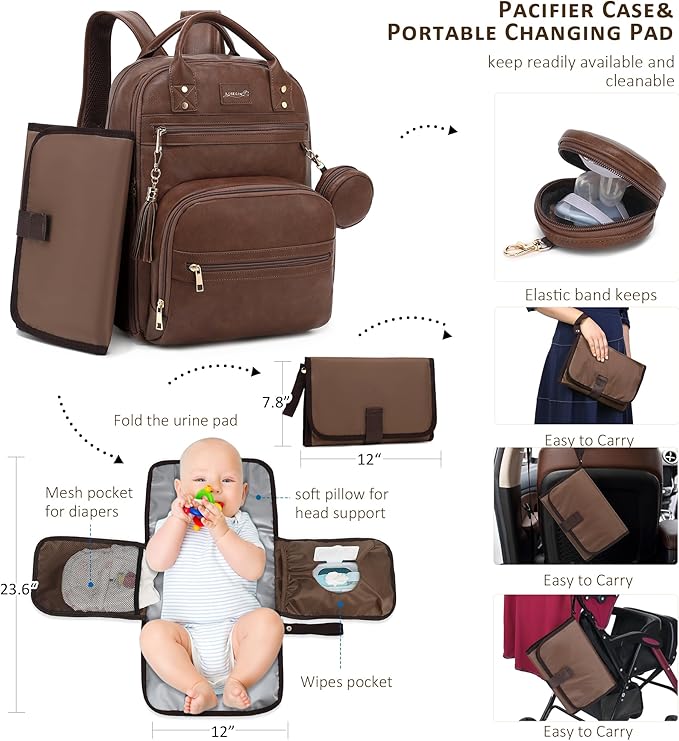 Premium Vegan Leather Diaper Bag Backpack with Waterproof Changing Pad, Reinforced Zippers & Odor-Free,20 Pockets Pro Organizer, Fits 15.6" Laptop, Stroller Straps, Baby Bag for Mom,Dark Brown