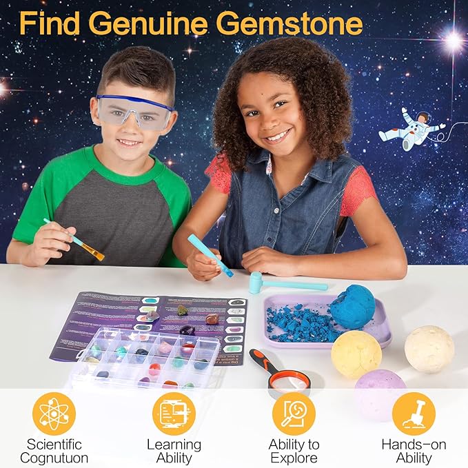 QLKUNLA Gemstones Dig Kit, Excavate 24 Real Gems in Solar System STEM Educational Space Toys for Boys & Girls Archaeology Geology Science Project Gift
