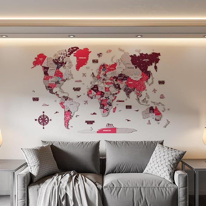 Colorfull Worlds 3D Wooden World Map Wall Art - Premium Multicolored World Travel Map for Wall Decor with Push Pins- Ideal Housewarming Gift & Travel Tracker (XXLarge, Crimson)