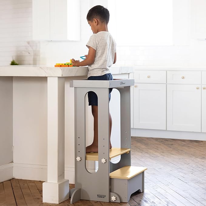 Little Partners Foldable Toddler Tower, Learning Tower Explore 'N Store Montessori Standing Kitchen Tower with Folding Step Stool Platform for Cooking and Learning, Ages 2+ (Silver Drop W/Natural)
