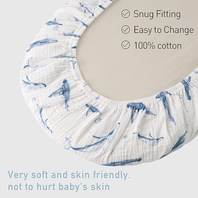 Muslin Bassinet Fitted Sheets, 2 Pack for Baby Boy and Girl, Soft Breathable Baby Pad/Mattress Sheet, Fit for Hourglass Oval and Rectangle Bassinet Mattress (Blue Whale, Bassinet Sheets 2 Pack)