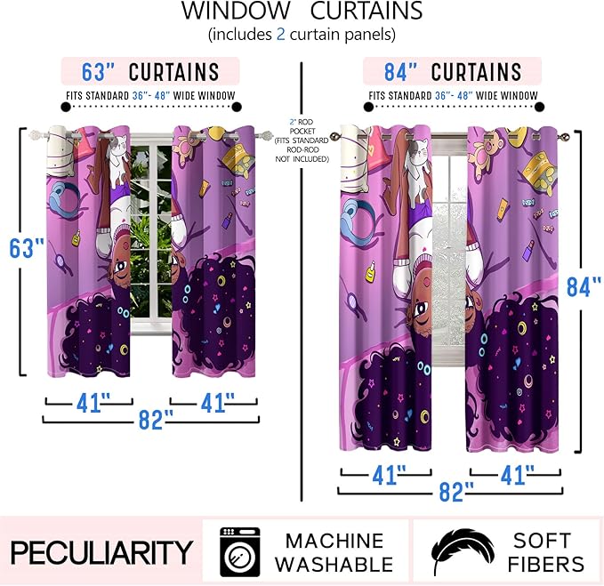 Black Girl Blackout Curtains 2 Panels 63" Inch Drapes for Kids Nursery Bedroom Purple Girls Blackout Curtains Cute Girls Themed Grommet Top Thermal Insulated Curtains for Nursery, 82" x 63"