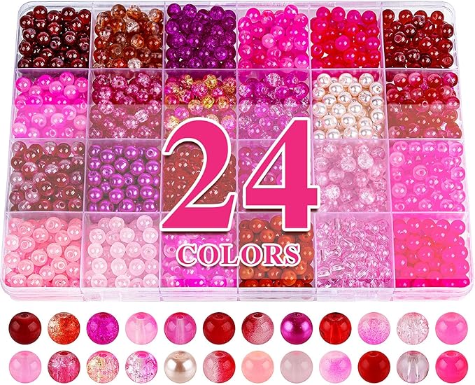 XSEINO About 1200PCS 6mm Glass Beads Bracelet Making Kit,24 Assorted Red and Pink Series Colorful Crystal Beads for Bracelet and Jewelry Making and DIY Crafts,Friendship Bracelets