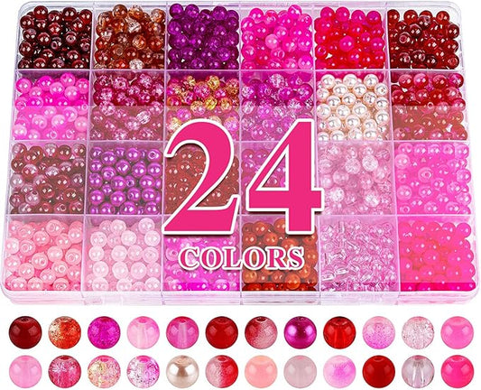 XSEINO About 1200PCS 6mm Glass Beads Bracelet Making Kit,24 Assorted Red and Pink Series Colorful Crystal Beads for Bracelet and Jewelry Making and DIY Crafts,Friendship Bracelets