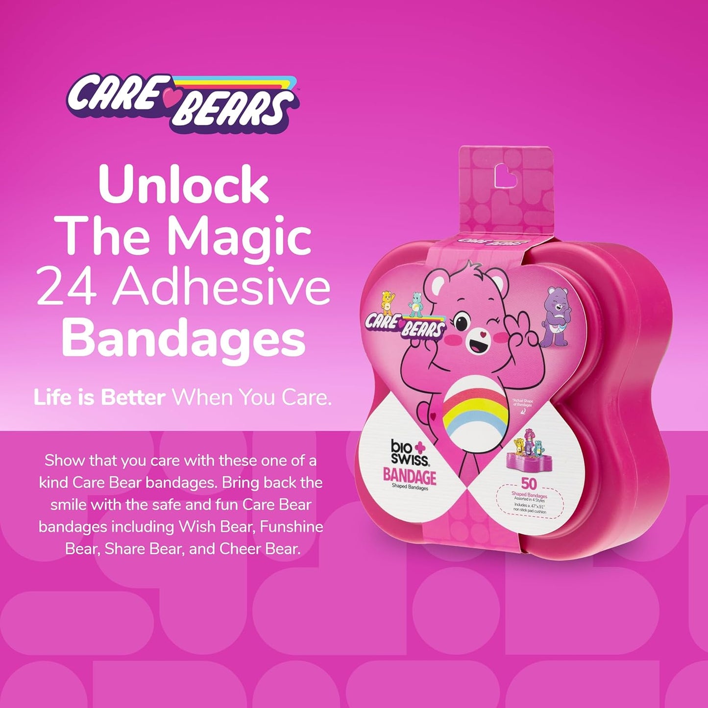 BioSwiss Care Bears Bandages, Unlock The Magic Care Bear Shaped Self Adhesive Bandage, Latex Free Sterile Wound Care, Fun First Aid Kit Supplies for Kids, 50 Count