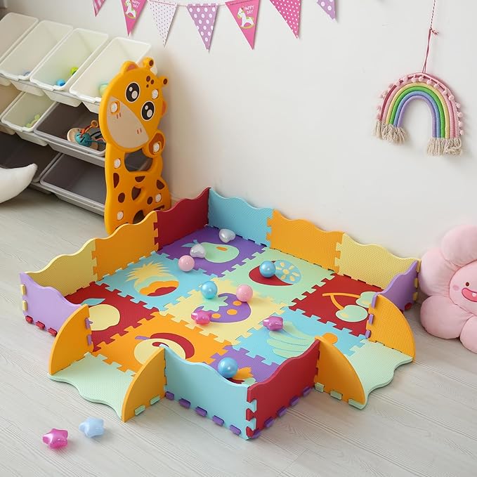 Foam Play Mat for Kids，25Pcs Square Interlocking Puzzle Floor Mat，Baby Play Mat Floor Mat Foam Puzzle Playmat for Toddlers with Fence（Fruit-CSH008