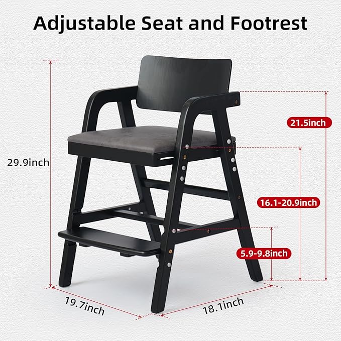 Solid Wood High Chair for Toddlers, Baby Highchair, Adjustable HighChair for Babies/Toddlers with Removable Cushion, Children Kids DiningChair, Teens Study Chair with Steps (Black)