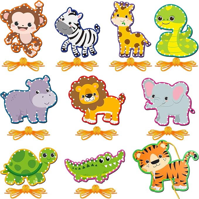 10 Pieces Kids Jungle Animal Lacing Cards Safari Animal Sewing Cards Thick Cardboard Double Sided Lacing Playing Games for Children Toddler Developing Imagination Education Supplies (Jungle Style)