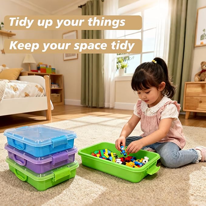 4 Qt (3.8L) Sensory Bin With Lid - 3 Pack, Stackable Storage Sensory Bins with Lids, Portable Sandbox, Organizers Sand, Arts, Crafts, (Blue, Green, Purple)