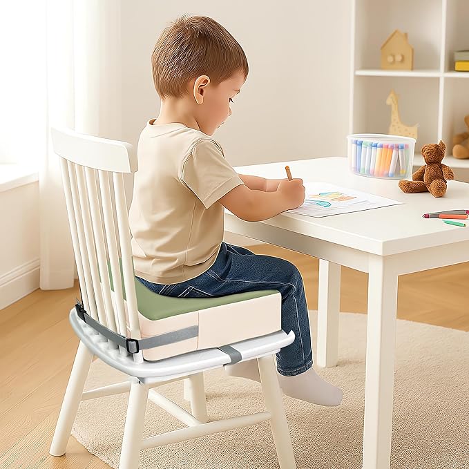 Toddler Booster Seat for Dining Table, 2 Elastic Seat Belts, Anti-Scratch PU Skin-Friendly, Waterproof, Anti-Wrinkle, Detachable Non-Slip Bottom