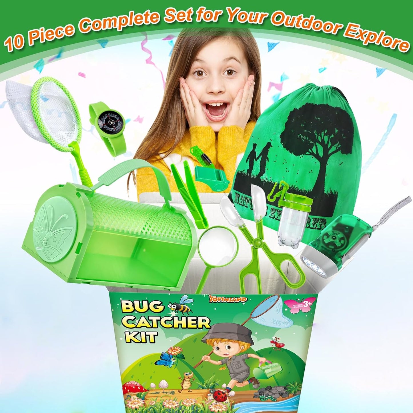 Bug Catcher Kit & Outdoor Explorer Kit for Kids, 10 Pcs Bug Catching Kit with Toy Cage, Backpack, Flashlight, Manifying Glass, Toy Net, Outdoor Exploration Toys Gift for Boys Girls 3-12