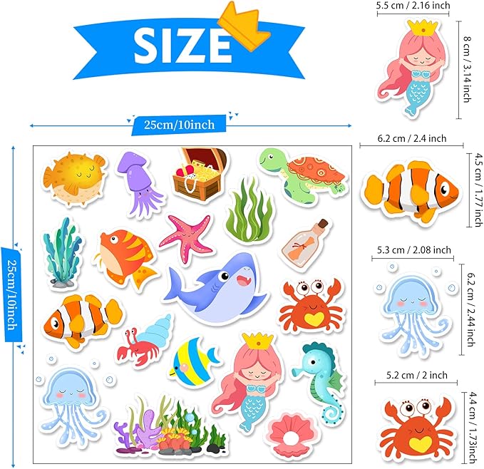 Sea Animals Gel Clings for Kids, 21PCS Thick Vinyl Decals, Cartoon Animal Stickers for Classroom, Home, Nursery, Airplane Birthday Party Supplies, Reusable, Water Resistant, Indoor Usage