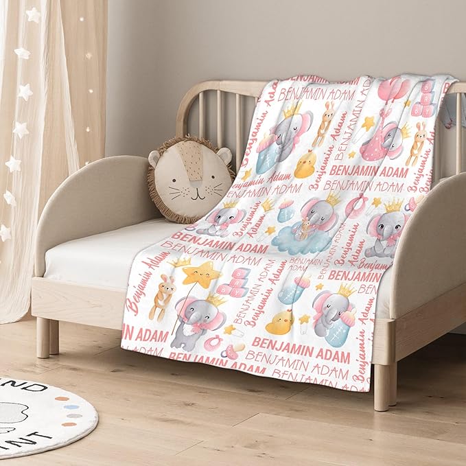 Personalized Baby Blanket for Girls Boys Kids Elephant Custom Baby Blanket with Name Throw Birthday Gift for Toddlers Infants Shower Newborns Nursery Stroller Crib Bed Decor