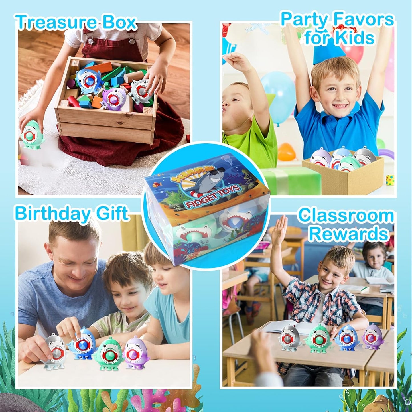 4 PCS Shark Party Favors for Kids,Silicone Shark Suction Bath Toys,3D Shark Pop Fidget Toys Sensory Toys,Stress Relief Desk Toys,Party Favors Shark Toys for Kids