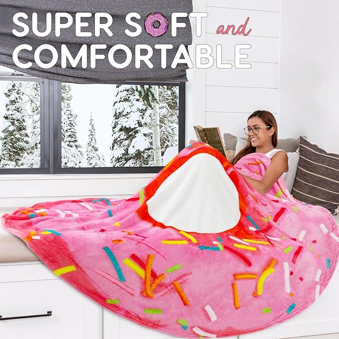 Zulay Kitchen Donut Blanket – 80 Inch Round Pink Glazed Throw – Soft 285 GSM Flannel Blanket for Adults & Kids – Funny, Cozy, Novelty Gift for Home, Travel & More