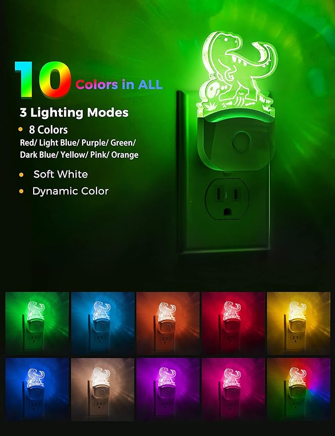 LOHAS Dinosaur Night Light for Boys, Kids Nightlight Plug in, Dusk-to-Dawn, Velociraptor LED Night Lights Plug into Wall, RGB+Soft White 3000K, 3 Lighting Modes, Ideal for Nursery Room, Bedroom Decor