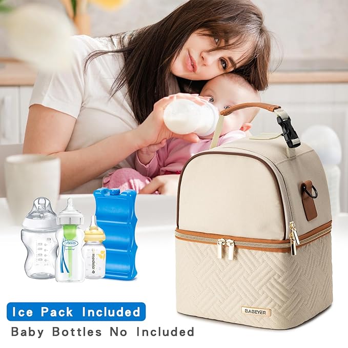 Breastmilk Cooler Bag with Ice Pack Fits 6 Baby Bottles up to 9 Ounce, Breast Milk Pump Cooler Bag with Shoulder Strap for Nursing Mom Daycare, Work, Travel- Cream
