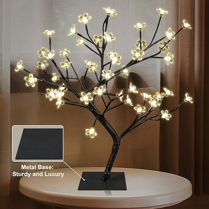 LIGHTSHARE 18 Inch Cherry Blossom Bonsai Tree, 48 LED Lights, 24V UL Listed Adapter Included, Metal Base, Warm White Lights, Ideal as Night Lights, Home Gift Idea