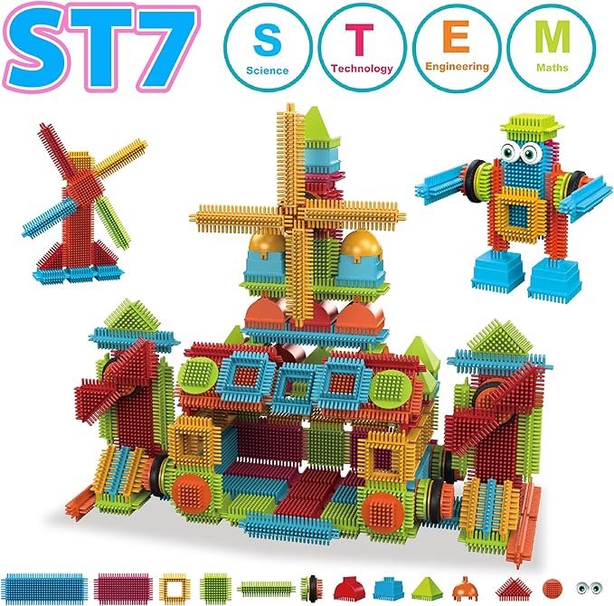 Contixo 244 pcs Bristle Shape 3D STEM Building Toys, Construction Learning Stacking Educational Block, Creativity Beyond Imagination, Inspirational, Safe & Durable, Recreational Toy for Kids Ages 3-8