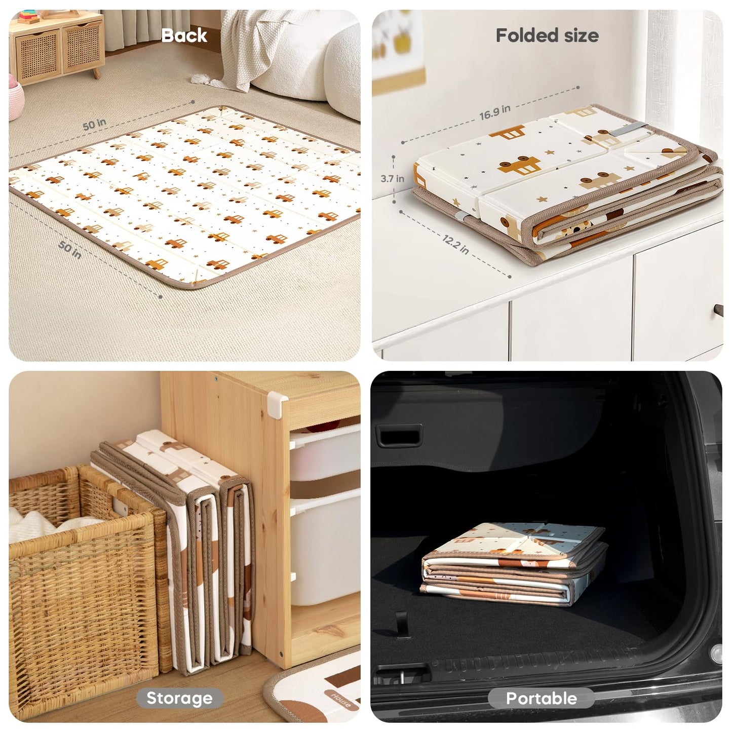 Baby Play Mat for Baby Activity, 50 x 50 Playpen Mat, Foldable Foam Cushioned Playmat, Soft Lightweight Waterproof, Easy to Store Wipeable, Tummy Time & Floor Play, for Babies Infants and Toddler ﻿ ﻿