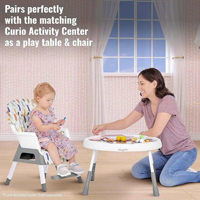 Dream On Me Curio Sit N Seek 3 in 1 Convertible Baby High Chair in Grey, Removable and Adjustable Tray, Portable High Chair, Adjustable Legs, Detachable Footrest, PU Fabric & 5 Point Safety Harness