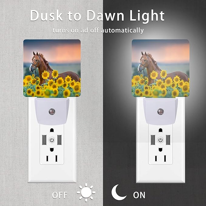 Horse Night Light,Sunflower Farm Animal Horses Plug-in Night Lights with Dusk-to-Dawn Sensor for Women/Girls/Boys Gift Sleep Friendly lamp for Bedroom, Bathroom and Living Room,0.5W