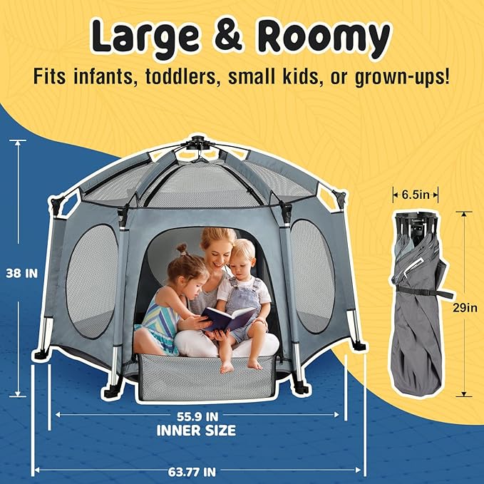 PRObebi Portable Pop Up Playpen for Babies and Toddlers - Grey Lightweight Outdoor Play Yard with Three Sun-Shade - Beach and Indoor Use with Travel Bag