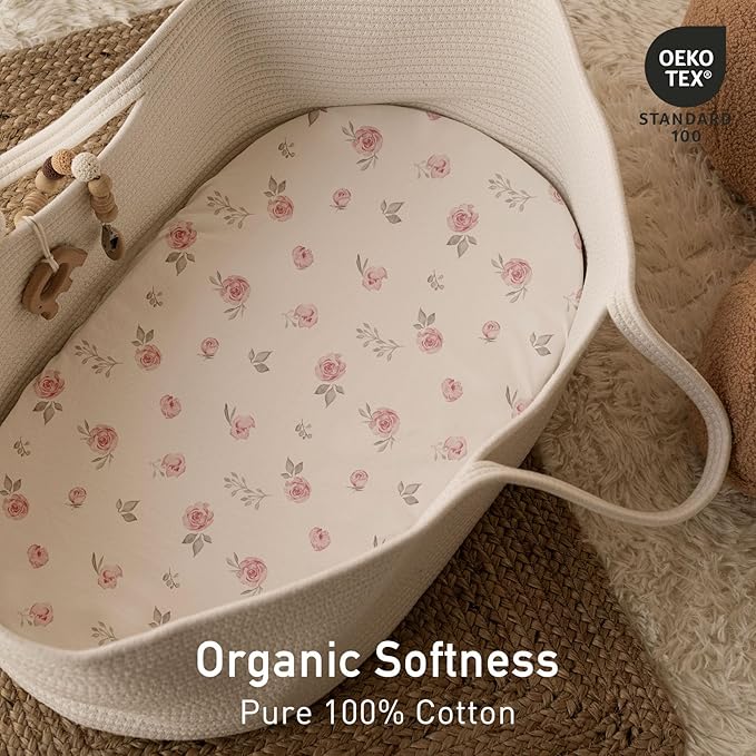 Gllquen Baby Bassinet Sheets 2 Pack, 100% Organic Cotton Bassinet Fitted Sheets for Girls Boys, Soft & Breathable Unisex Baby Mattress Sheet for Standard Bassinets 33"x17"(Pink)