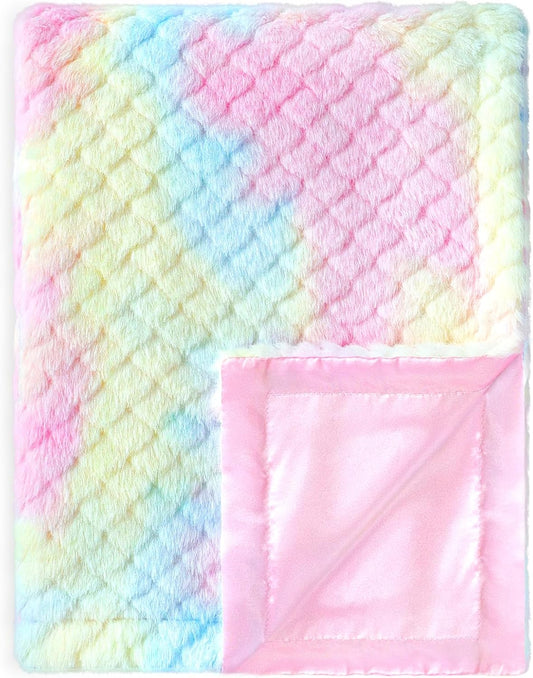 Baby Blanket for Girls Tie Dye Rainbow Fleece Fluffy Fuzzy Blanket with Soft Luxury Silk Silky Backing for Toddler Nursery Travel Home Decor 30 x 40 Inch