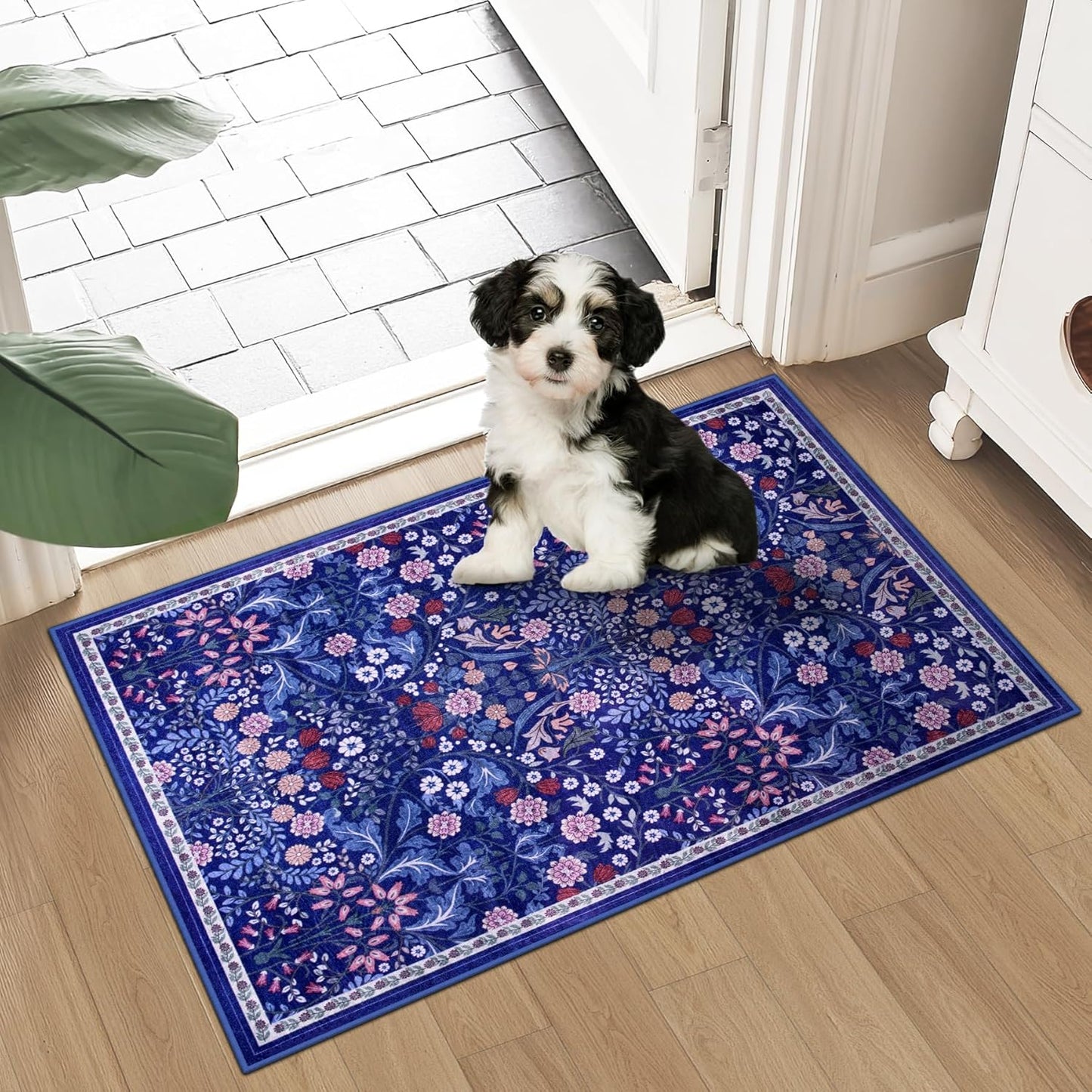 Entryway Rug 2X3 Small Rugs: Floral Washable Door Mat Vintage Soft Low Pile Non-Slip Kitchen Rugs Stain Resistant Indoor Throw Rug for Entrance, Bedroom, Kitchen, Laundry, Bathroom Blue