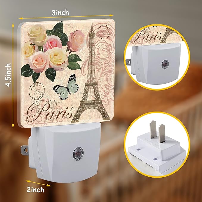 Vintage Paris Night Light Plug Wall,Floral Butterfly LED Night Lights with Dusk to Dawn Light Sensor for Women Girls Boys Room Decor,Hallway,Kitchen,Bathroom,Nursery,Stairs