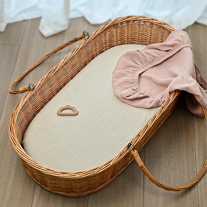 Muslin Bassinet Fitted Sheets, 2 Pack for Baby Boy and Girl, Soft Breathable Stretchy Baby Pad/Mattress Sheet Set, Universal Fit for Hourglass Oval and Rectangle Bassinet Mattress (Gentle Colors)